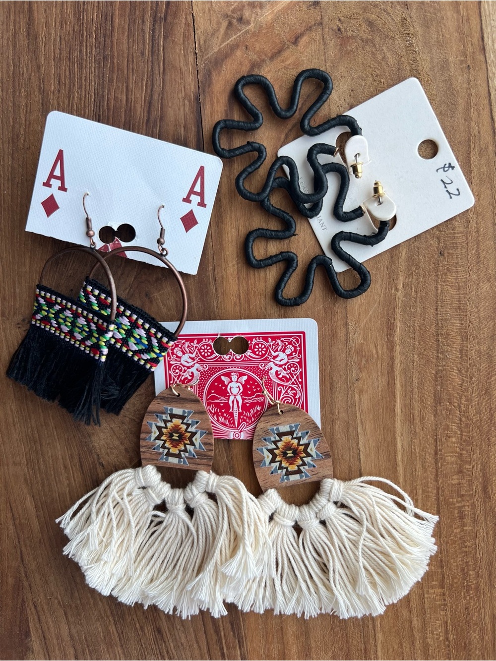 NWT Boho Fringe Statement Earrings - Cream Tassel with Wood Accents